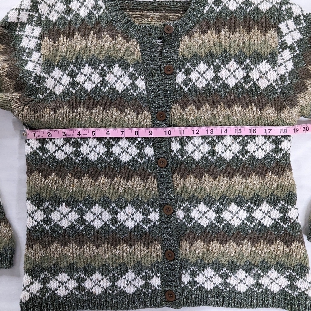 VTG Green Brown Wool Chunky Knit Argyle Button Up Cardigan Sweater Academia - Picture 6 of 7